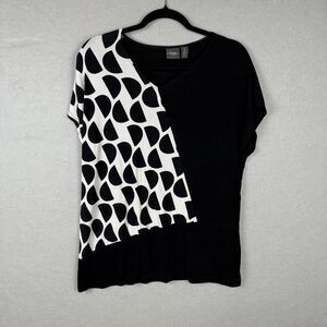 Chico's Top Womens Sz 2 Large Black‎ and White Liquid Slinky Knit Sleeve V-Neck